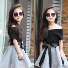 2016 Hot New summer Girls skirt set, fashion black short-sleeved T-shirt + Bow skirt 2 piece set ,girls tutu skirt clothing sets