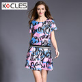 Two Piece Set Summer 2016 Plus Size Women Elegant A Line Casual Print O Neck Short