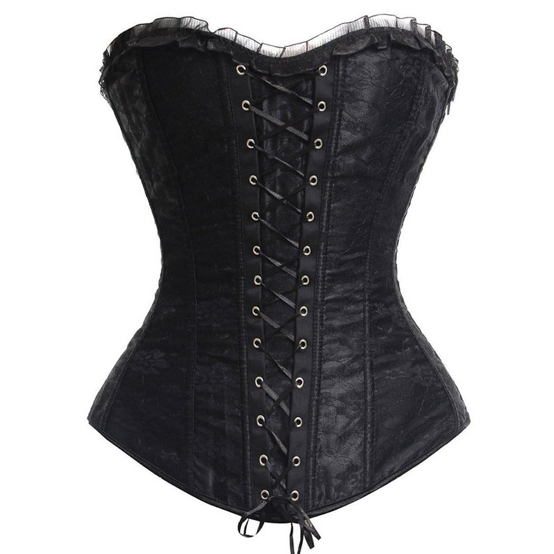 Sexy Burlesque Lace Overlay Lace Up Satin Plastic Bone Bustier Corset Corselet Overbust Outwear