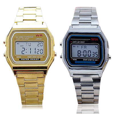 Classic Men Women Retro Stainless Steel LCD Digital Sports Stopwatch Wrist Watch