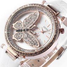 Luxury Rose Gold Bling Crystal Butterfly Ladies Relogio Women Genuine Leather Strap Bracelet Quartz Gift Rhinestone
