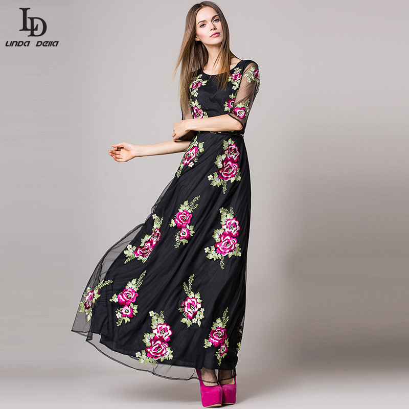 Elegant Embroidered Long Dress 2016 Runway Designer Women Sexy Floral Print Black Mesh gauze Maxi Dress Vintage Party Dresses