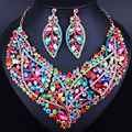 Fashion Leaf shape design Full Rhinestones Crystal Necklace and Earrings set African Dubai Bride Wedding Jewelry