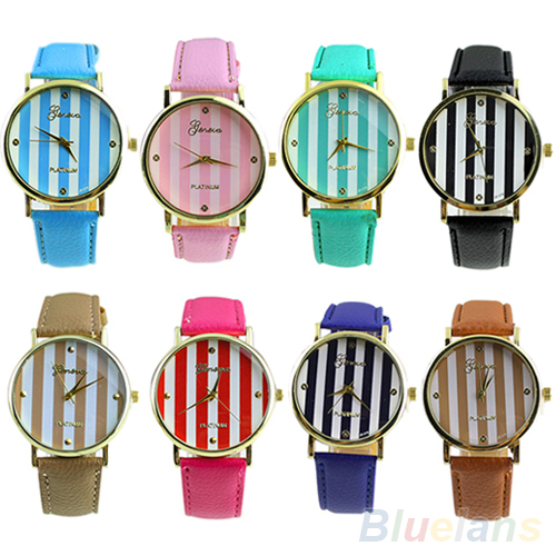 Fashion Women Men Classic Geneva Stripes Print Leatheroid Analog Quartz Dress Wrist Watches 01NS 2UQL