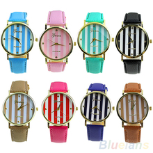 Moda mujer hombre Classic Stripes ginebra de cuero artificial de pulsera de cuarzo analógico Dress relojes 01NS 2UQL