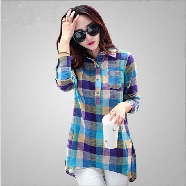 Plus Size font b Plaid b font Shirt Women 2016 Korean Style New Fashion Long Sleeve