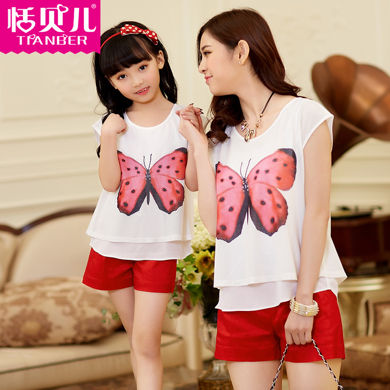 2015 summer new arrival family fashion clothes for mother and daughter chiffon girls T shirts and shorts clothing sets