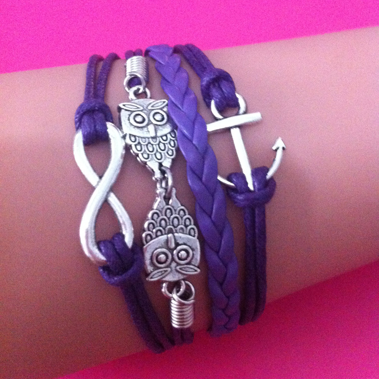 Infinity, Love, Owls and Anchor silver Charm Bracelet Dark Purple Cord Leather Rope Friendship Gift bangle Jewelry