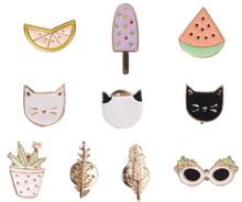 X002 Free shipping Cute Fruit Cat Sunglass Leaf Orange Pot Ice cream Watermelon Brooch Pins,Fashion Jewelry Wholesale