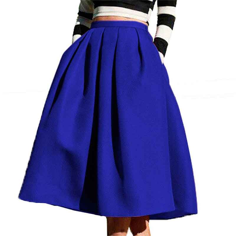 Women Blue Satin Midi Flared Skirts New 2015 Women Autumn High Waist Vintage Knee Length Female Skirt Saia Feminina Faldas Skirt
