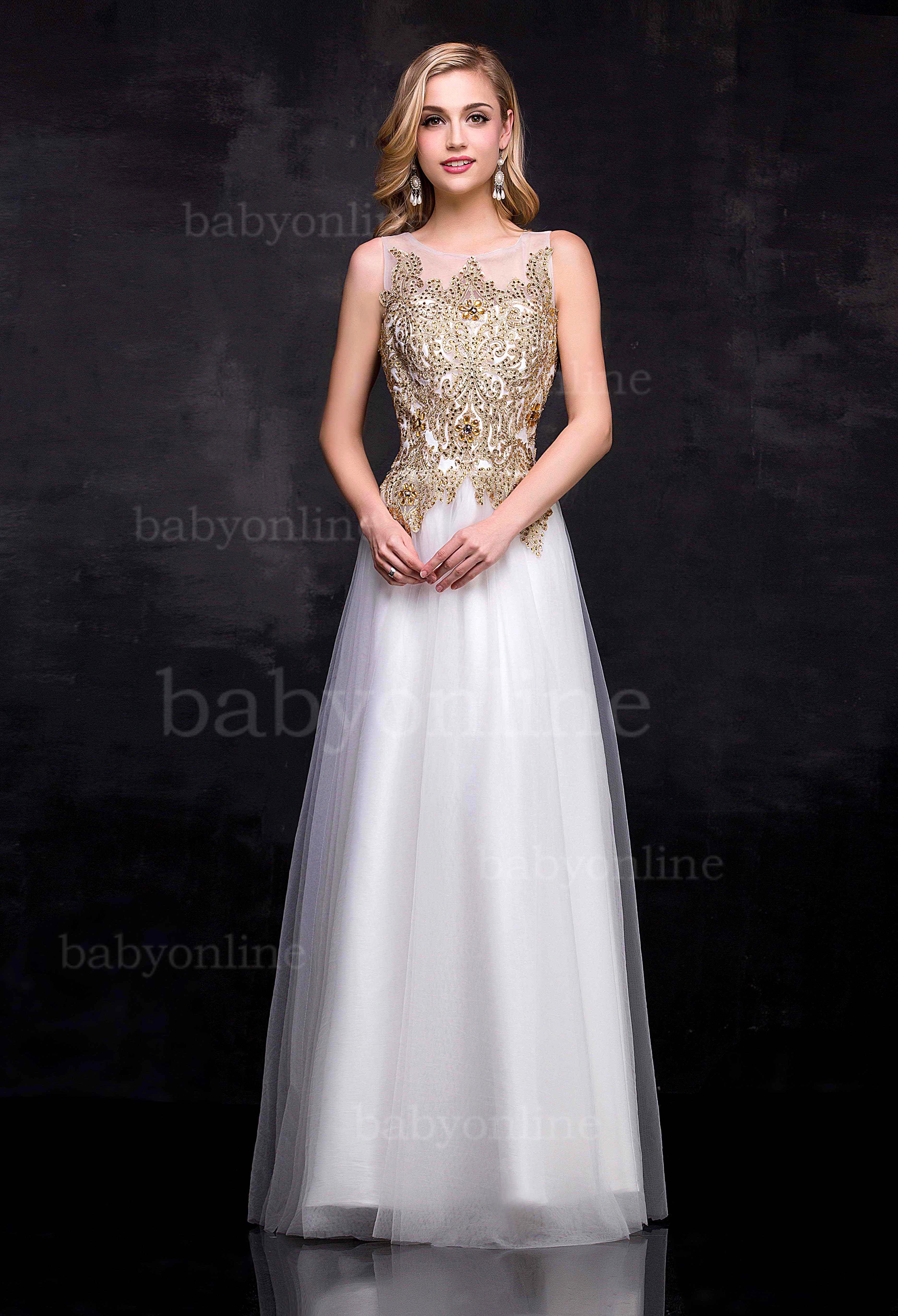 Elegant White Tulle Long Prom Dress 2015 Sexy Sheer Gold Appliques Evening Dresses Abendkleider