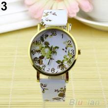 Women s Geneva Flowers Pattern Faux Leather Round Dial Analog Quartz Wrist Watch 28CN