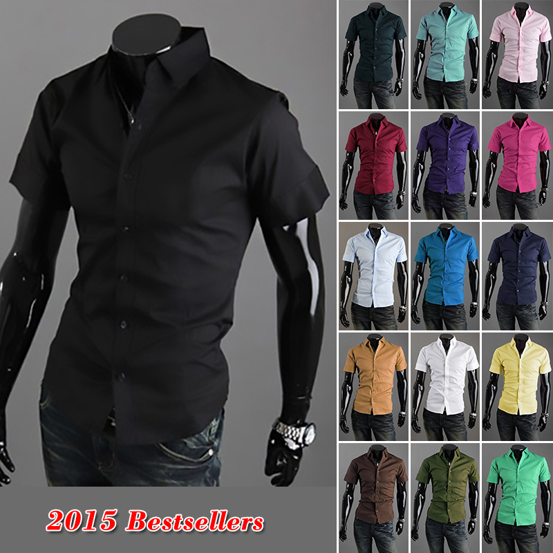 Free Shipping 2015 Mens Slim fit Unique neckline stylish Dress short Sleeve Shirts Mens dress shirts