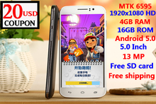 Free shipping new mobile phone MTK6595 5.0 inch 1920x1080HD resolution octa core 13MP camera 4GB RAM 16GB ROM android 5.0 3G