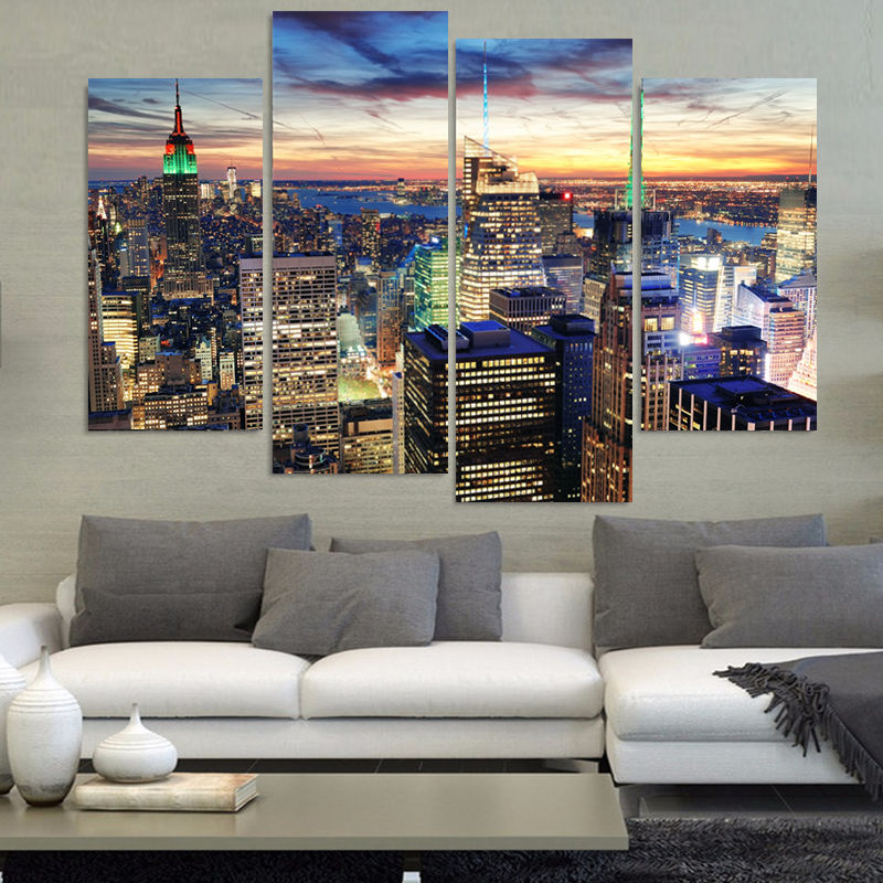 4 Piece Modern Wall Canvas Painting New York Empire State Building Night Home Decorative Art Picture Paint on Canvas Prints