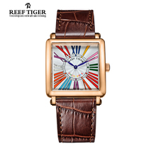 Reef Tiger/RT Watches High Quality Quartz Watch for Women Fashion Rose Gold Leather Strap Colorful Roman Numeral Watch RGA173
