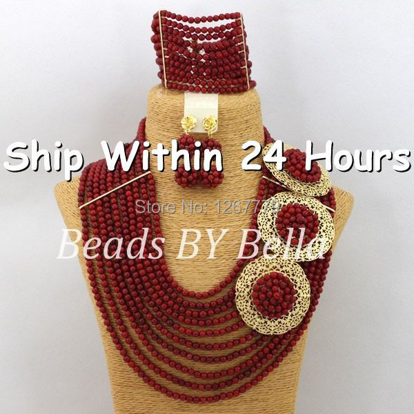 Amazing Oxblood red Crystal Nigerian Necklaces African Beads Wedding Jewelry Set 2014 New Free Shipping ABJ466