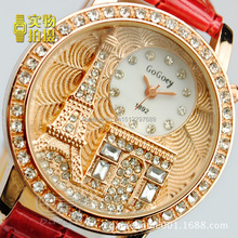 Nueva moda de lujo marca exquisitas mujeres reloj Gogoey relieve torre Eiffel Rhinestone vestido de cuarzo correa de cuero relojes reloj