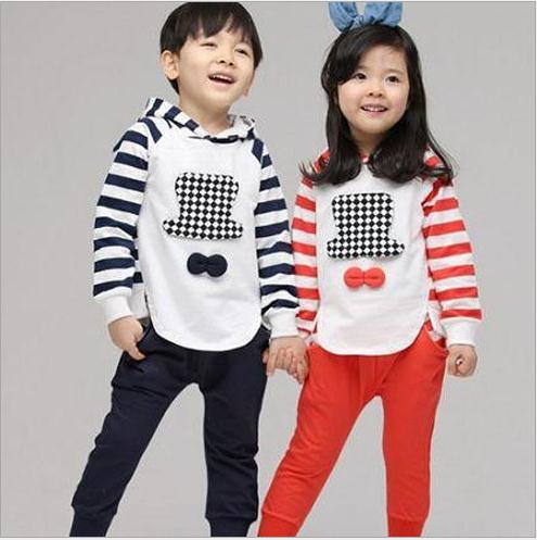 New baby boy girl suit cotton long sleeve hooded striped tops + navy blue trousers 2pcs set boys girls clothing set 5set/lot
