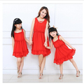 2015 summer new mom and daughter dress family matching clothes mother girl red pink sleeveless floral