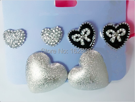 Free Shipping Fashion Women New style Small Love Heart Stud Earrings Set Female Crystal Earrings Silver Color