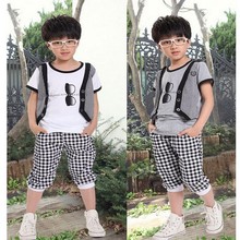 2016 Boy Cool Summer Sets Fashion Design Pattern Casual Cotton 2 Pieces Striped Sport T-Shirts Pants Kids Clothes Tracksuit