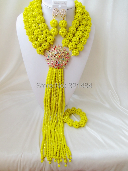 New! Opaque Yellow ball with multistrand crystal beads nigerian wedding african beads jewelry set costume jewelry set VC1076