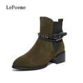 Genuine Leather Chelsea Boots Autumn Winter Cow Leather Woman Ankle Boots Black Pointed Toe Buckle Metal