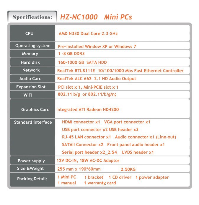 NC1000 specifications