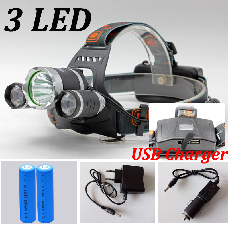 2016 USB Headlamp 6000Lm CREE XML T6+2R5 LED Headlight Lamp Light Torch Camping Fishing+2*6800mAh18650 battery+Car EU/US charger