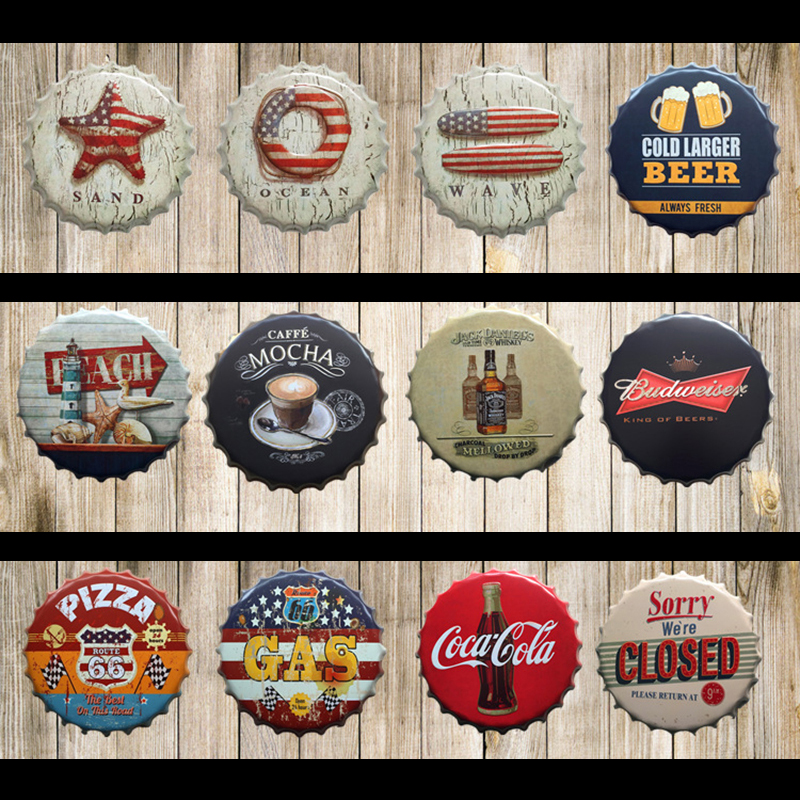 40cm Round Beer Bottle Cap Metal Painting Crafts Gifts Retro Shabby Tin