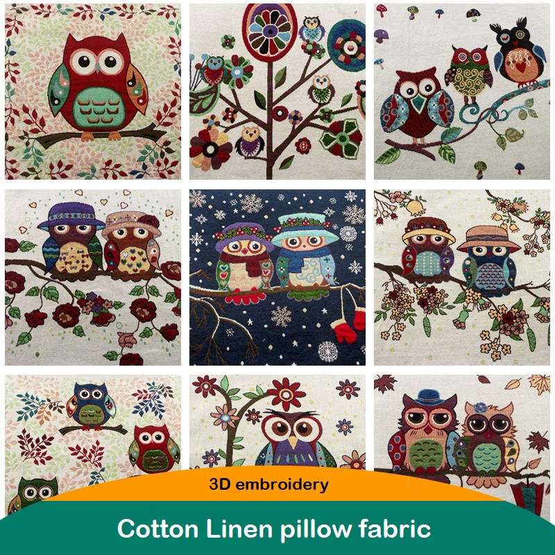 3D embroidery Owl fabric Cotton linen cloth 50 50cm Thick handmade DIY patchwork sewing for Pillow