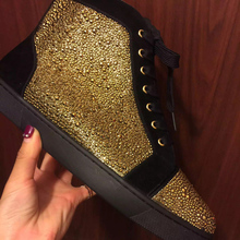 High Quality Gold Rhinestone Strass Red Sole Men Women Shoes Suede Girls Casual Shoes High-Top Men’s Flat Shoes Genuine Leather