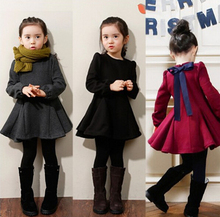 New Brand 2016 Baby Kids Girls Winter Dress Warming Add Wool Cute Solid Princess Long Sleeves Dresses Vestidos Kid Clothing