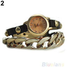 New Arrived Women s Punk Golden Dial Faux Leather Chain Analog Quartz Bracelet Wrist Watch 146O