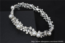 Bridal Princess Austrian Crystal pearl round Tiara Wedding Crown Veil Hair Accessory Silver