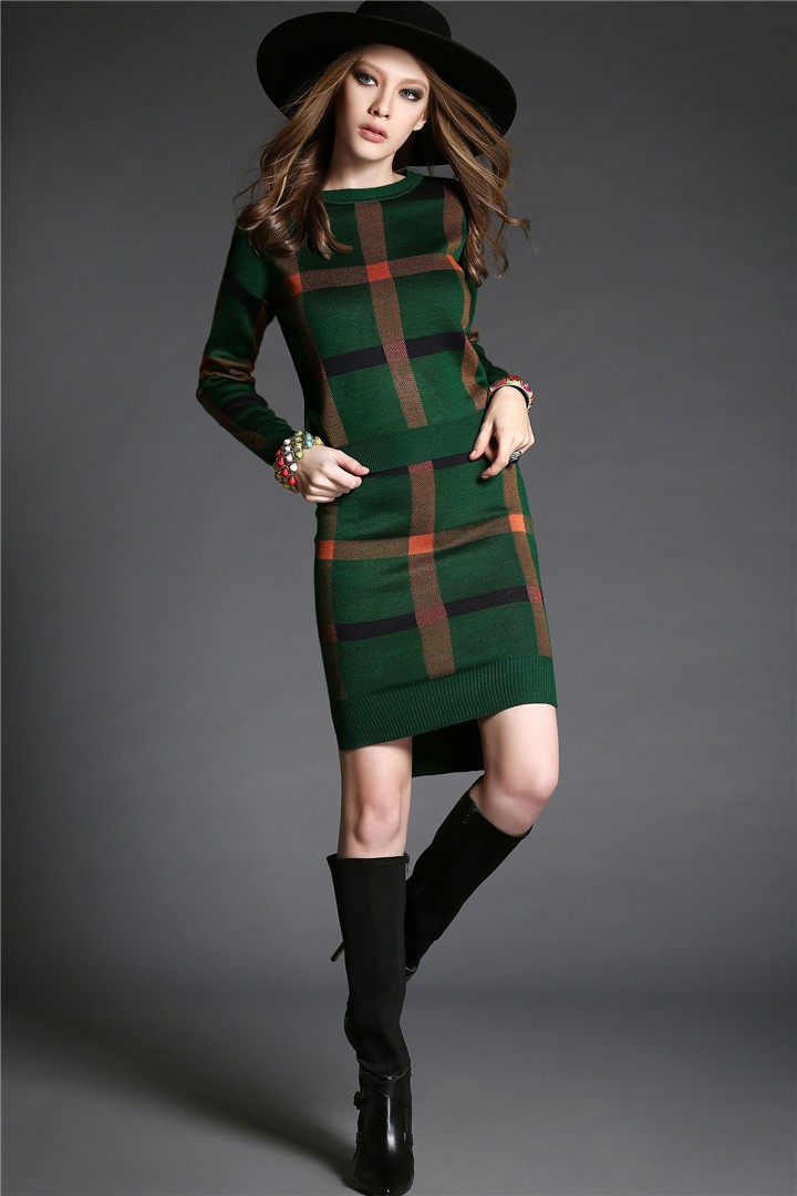 elegant lady newest twinset plaid sweater basic knitted top + slim hip pencil skirt longer in the rear 2 piece separate dress1