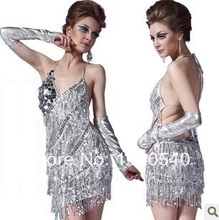 Special adult students intensive Latin Halter lace fringed sequined halter dress costume performing the exercises