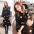 2016 New Spring Autumn Long Dress Suihua Retro Thin Long Sleeved Chiffon Dress Lace A line