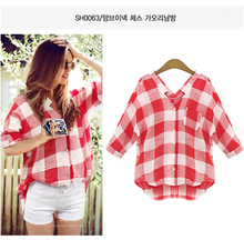 2016 Hot Sale Women Blouses Long Shirts Single Breasted font b Plaid b font Cotton Shirt