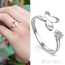 Women’s Fashion Silver Plated Rhinestone Gift Adjustable Butterfly Opening Ring