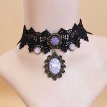 Womens New Handmade Purple Cameo Flower Rose Resin Pendant Alloy Black Lace Choker Short Necklace Party Collar Gothic Vintage