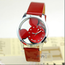 Fashion Mickey Women Watches 2015 quartz casual transparent hollow dial leather wristwatches women dress watch relogio