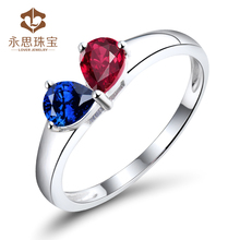 In Solid 18K White Gold Two Color Natural Stone Sapphire Ruby Ring In Pear Cut 4x5mm