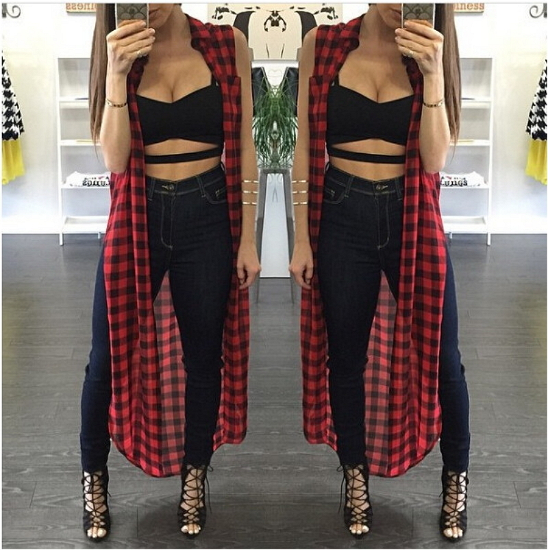 2016 Summer Red font b Plaid b font Print Maxi Shirt Casual Hip Hop Sleeveless Top