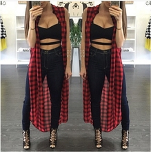 2016 Summer Red font b Plaid b font Print Maxi Shirt Casual Hip Hop Sleeveless Top
