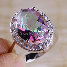 Noble Fashion Jewelry Unisex Oval Cut Mystic Rainbow Topaz White Topaz 925 Silver Ring Size 7