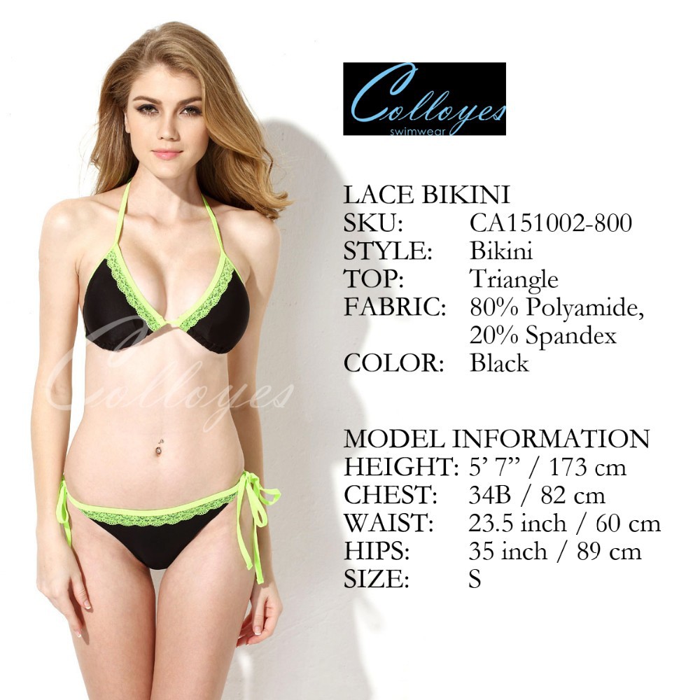 CA151002-800 Colloyes Sexy Black + Green Lace Triangle Top + Classic Cut Bottom Lace Bikini Swimwear Triangl Women\'s Fashion Bathing Suit (2)