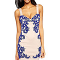 2016 Summer dress women blue and white sundress Sexy V neck Printing Backless Pencil Slip Dress