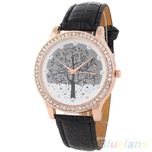 Women Tree Dial Rhinestone Inlaid Golden Tone Case Faux Leather Band Wrist Watch